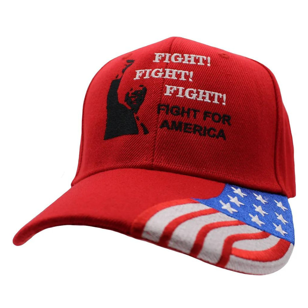 Fight! Fight! Fight! Fight for America Embroidered Hat w/Flag Bill (Red)