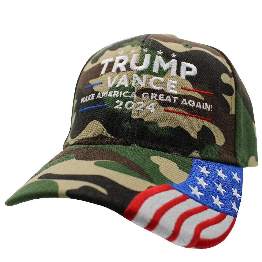 Trump Vance 2024 Make America Great Again Embroidered Hat w/Flag Bill (Camo)