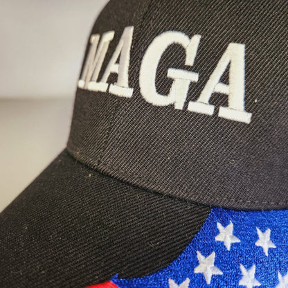 MAGA Custom Embroidered Hat w/Flag Bill (Black)