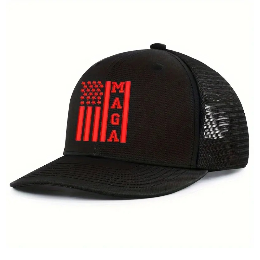 MAGA USA Flag Trucker-Style Embroidered Hat (Red/Black)