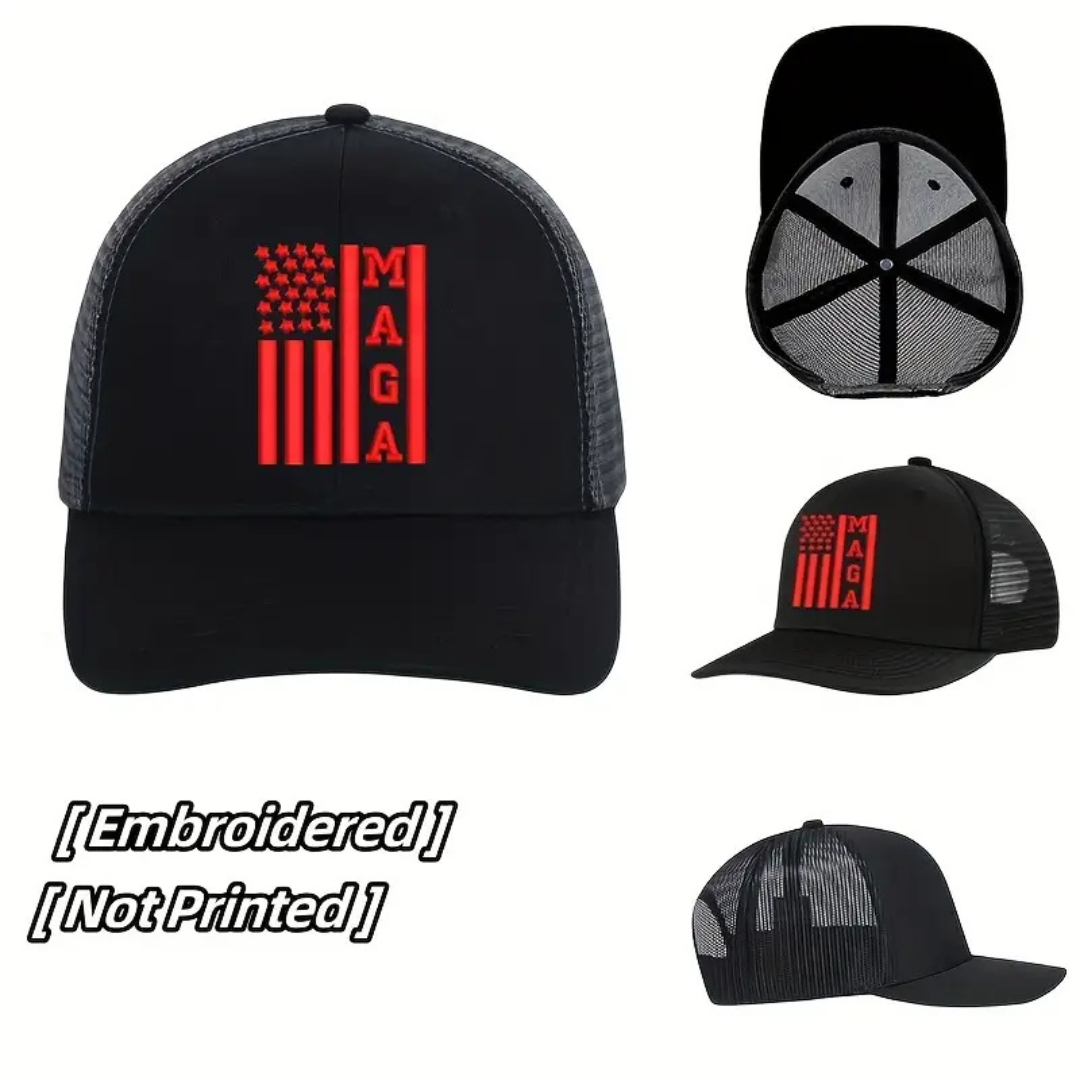 MAGA USA Flag Trucker-Style Embroidered Hat (Red/Black)