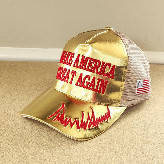 Make America Great Again Gold Metallic Trucker-Style Hat (4-Sided Design)