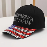 Rhinestone MAGA Hat with American Flag Bill (Black)