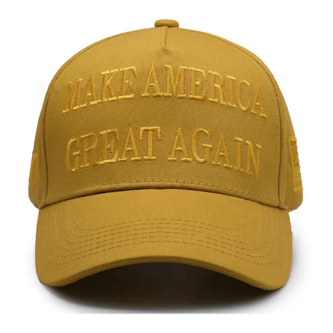 Premium Make America Great Again 45-47 Embroidered Hat (Gold) 4 Sided Design