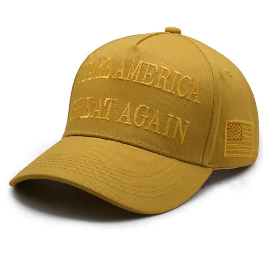 Premium Make America Great Again 45-47 Embroidered Hat (Gold) 4 Sided Design