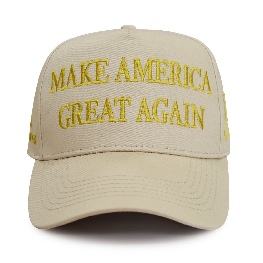 Premium Make America Great Again Never Surrender Embroidered Hat (Khaki/Gold) 4 Sided Design