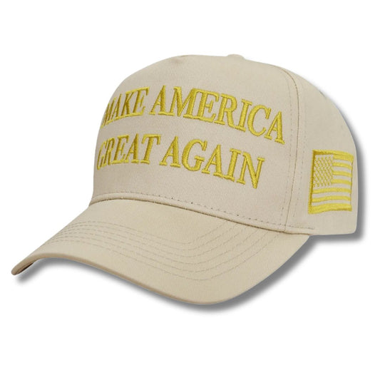 Premium Make America Great Again Never Surrender Embroidered Hat (Khaki/Gold) 4 Sided Design