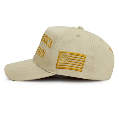 Premium Make America Great Again Never Surrender Embroidered Hat (Khaki/Gold) 4 Sided Design