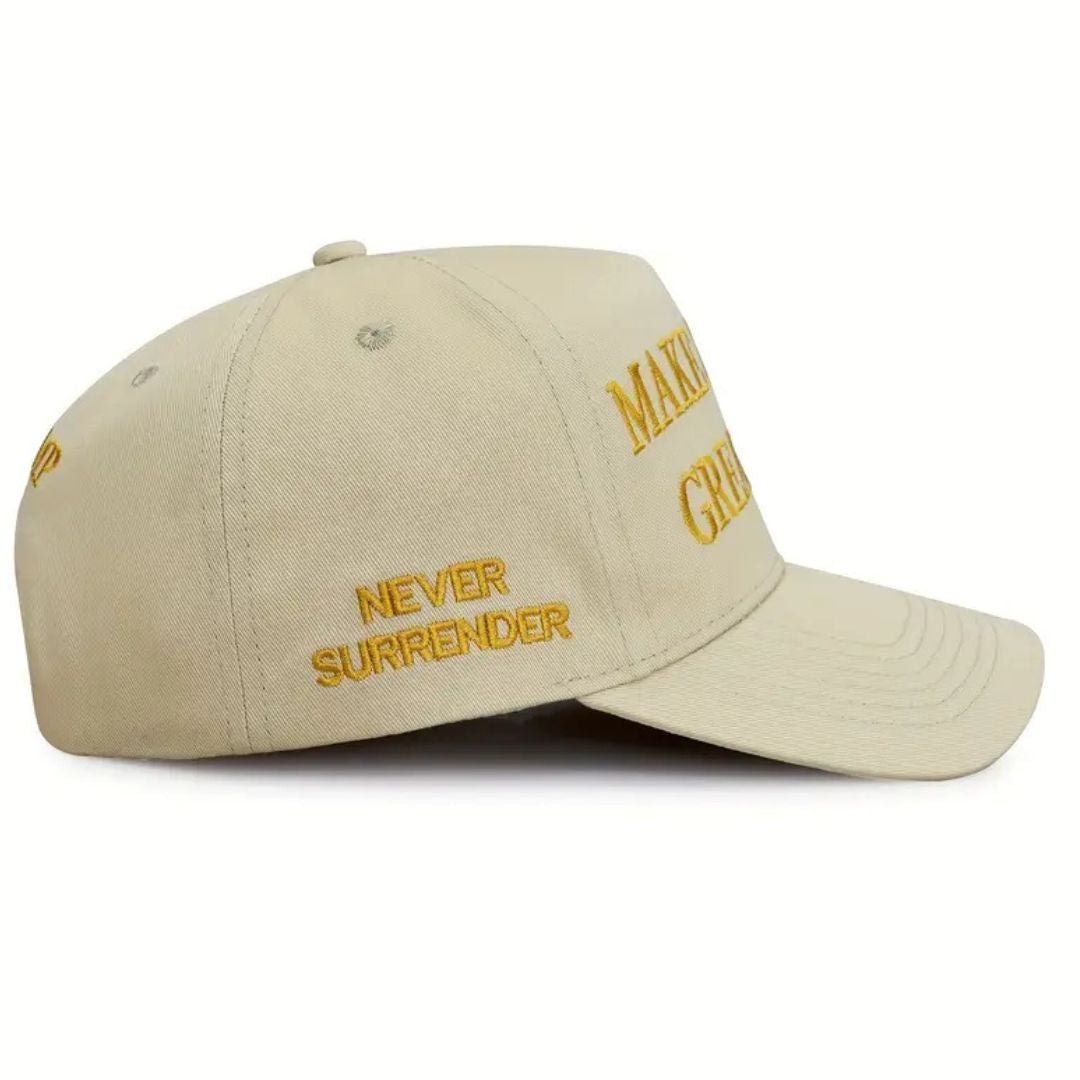 Premium Make America Great Again Never Surrender Embroidered Hat (Khaki/Gold) 4 Sided Design