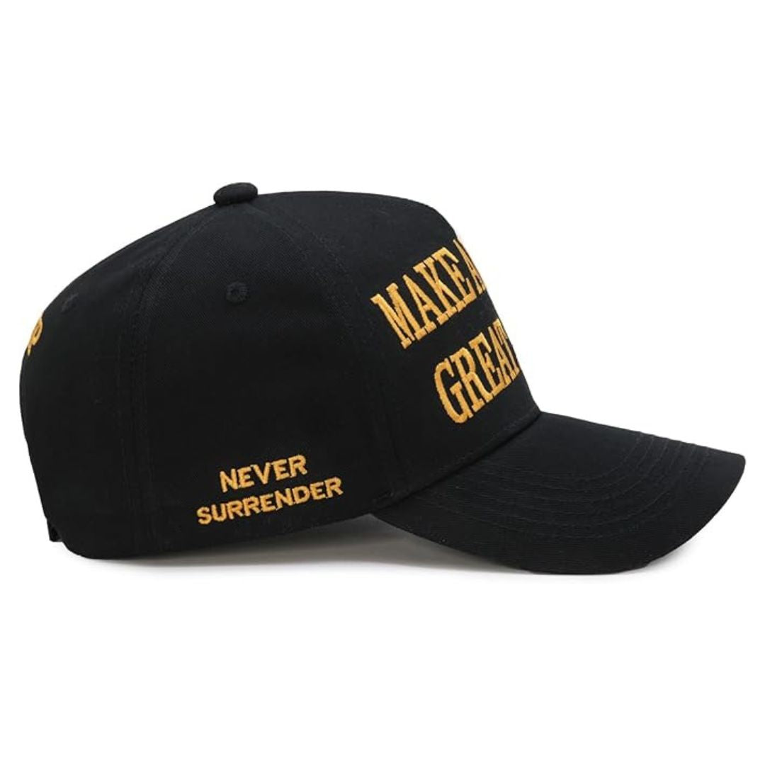 Premium Make America Great Again Never Surrender Embroidered Hat (Black/Gold) 4 Sided Design