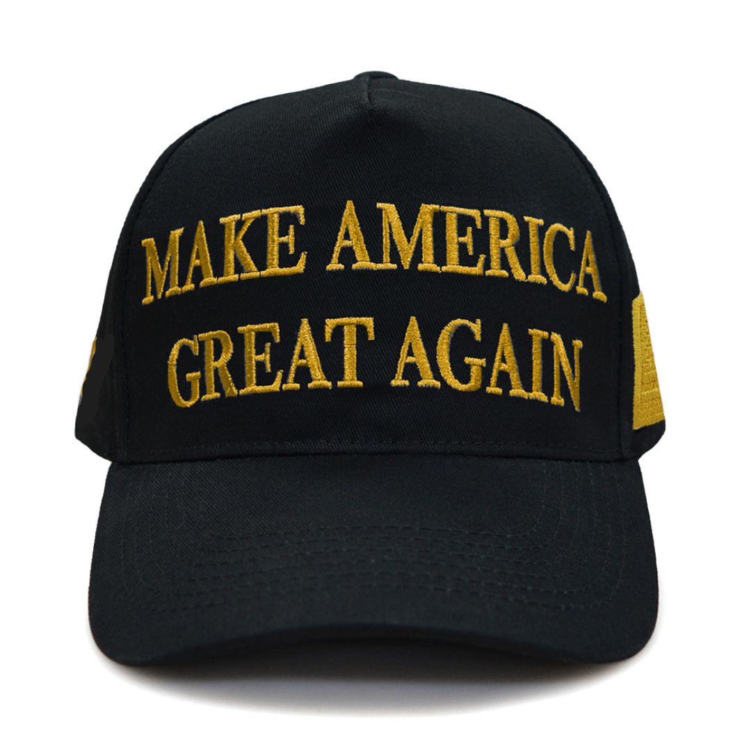 Premium Make America Great Again Never Surrender Embroidered Hat (Black/Gold) 4 Sided Design