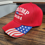 Trump 2024 Custom Embroidered Hat w/Flag Bill (Red)