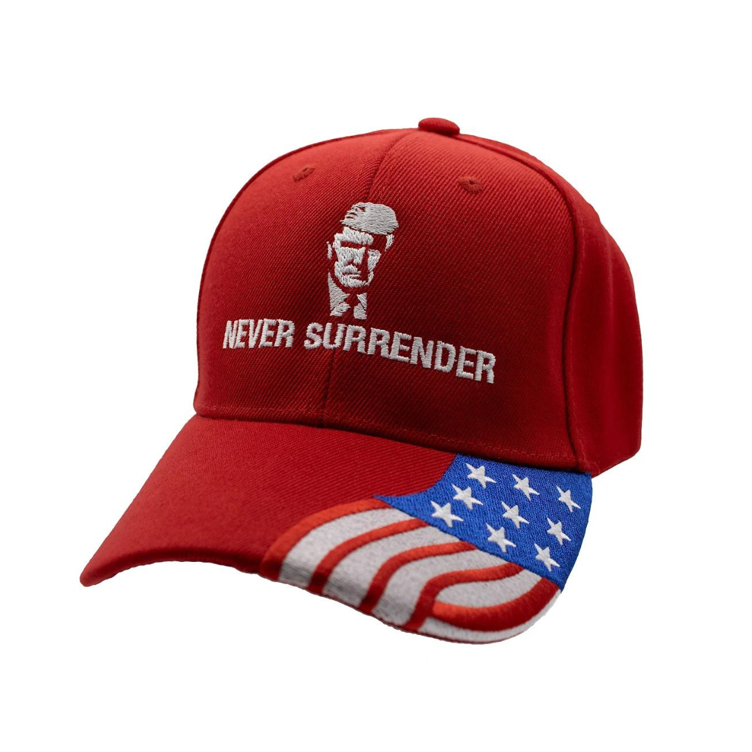 Trump Mugshot Never Surrender Embroidered Hat w/Flag Bill (Red)