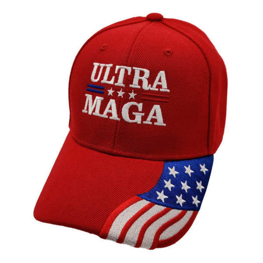 Ultra MAGA Premium Embroidered Hat w/Flag Bill (Red)